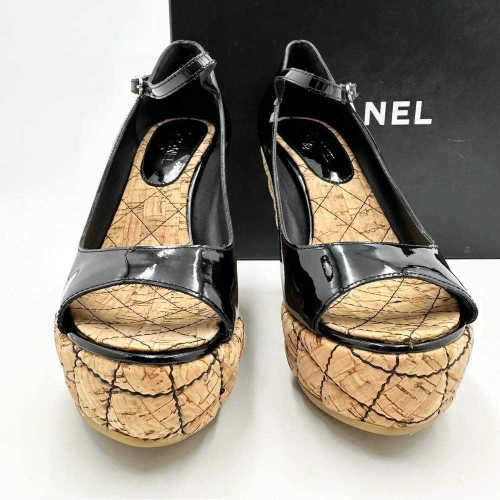 Chanel Black Patent Leather Quilted Cork Platform Peep Toe Heels